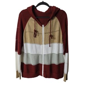 Colorblock Hooded Knit Sweater - Red, Tan, White Size XL